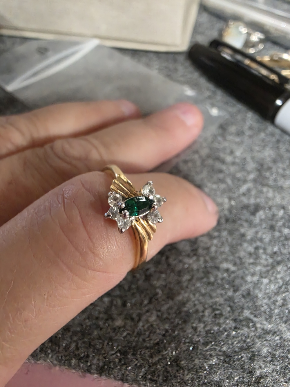 AT-1 Gold Tone Women’s Ring with Green Center Stone and Clear Accents
